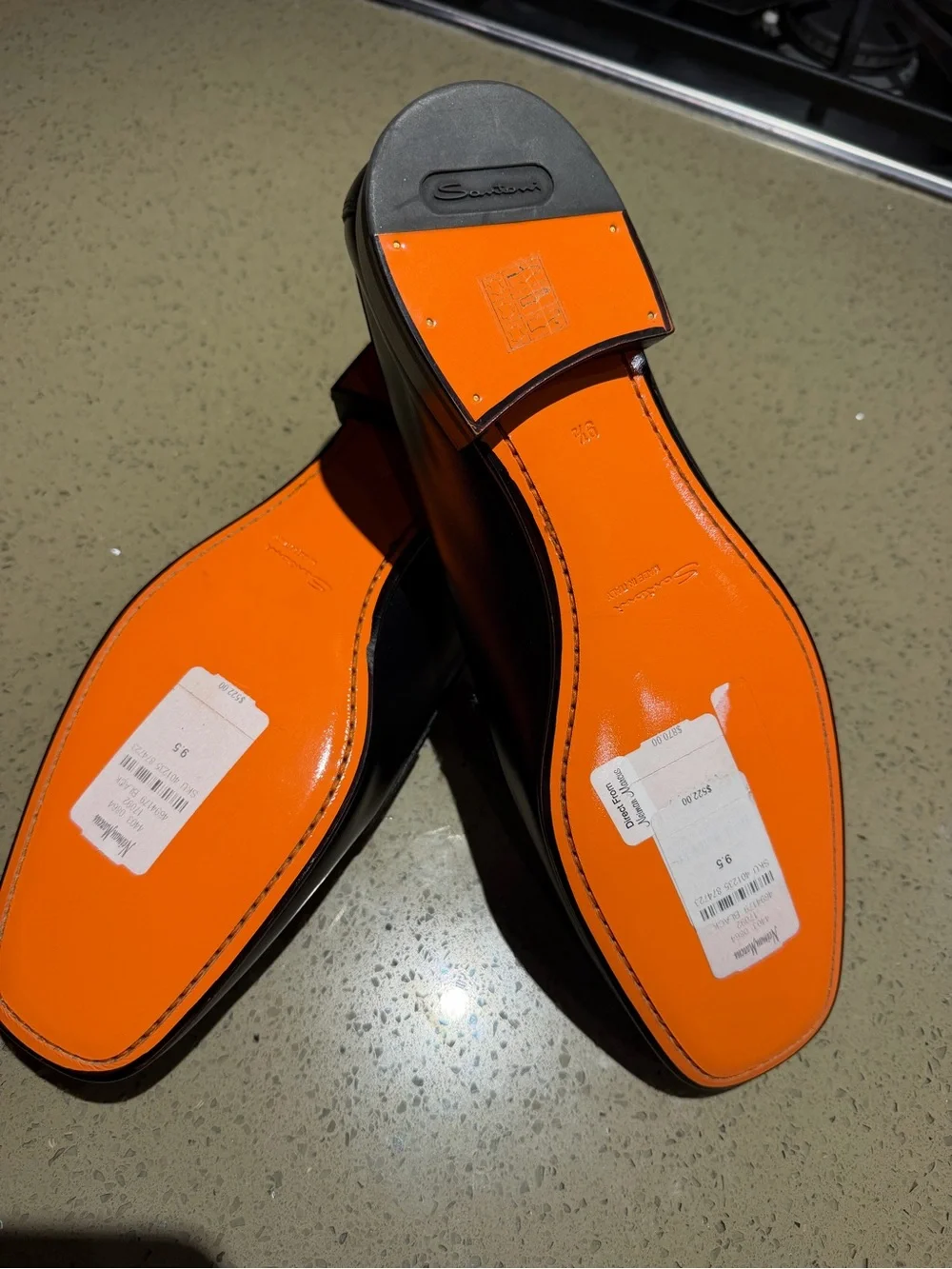 Santoni Men’s Black Leather Loafers Made in Italy Orange Leather Lining /sole